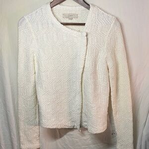 LOFT Cream Textured Asymmetrical Zipped Knit Sweater Jacket